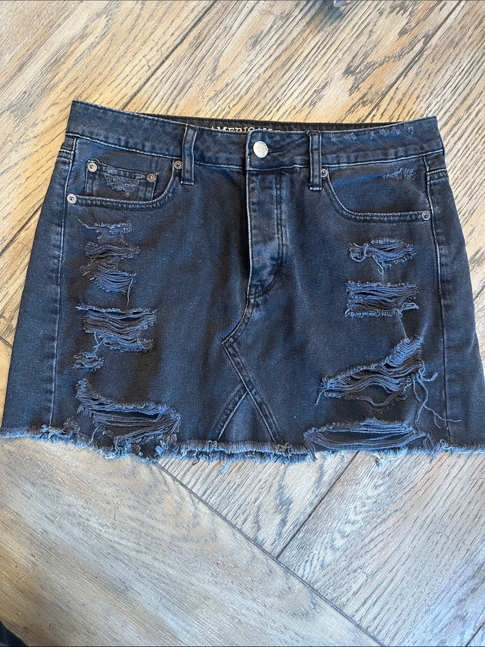 American Eagle Size 8 Black Ripped Festival Denim Mini Skirt Button Fly